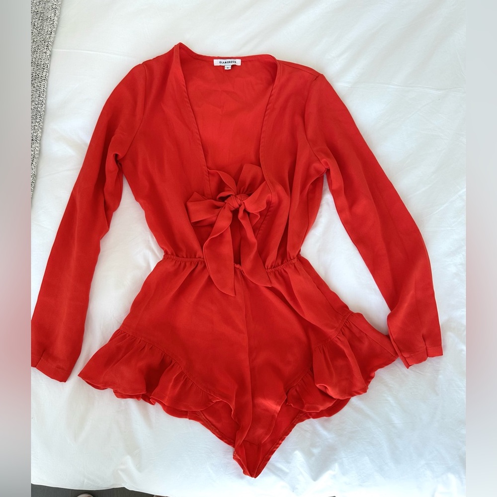 Glamorous tie front romper with ruffle trims